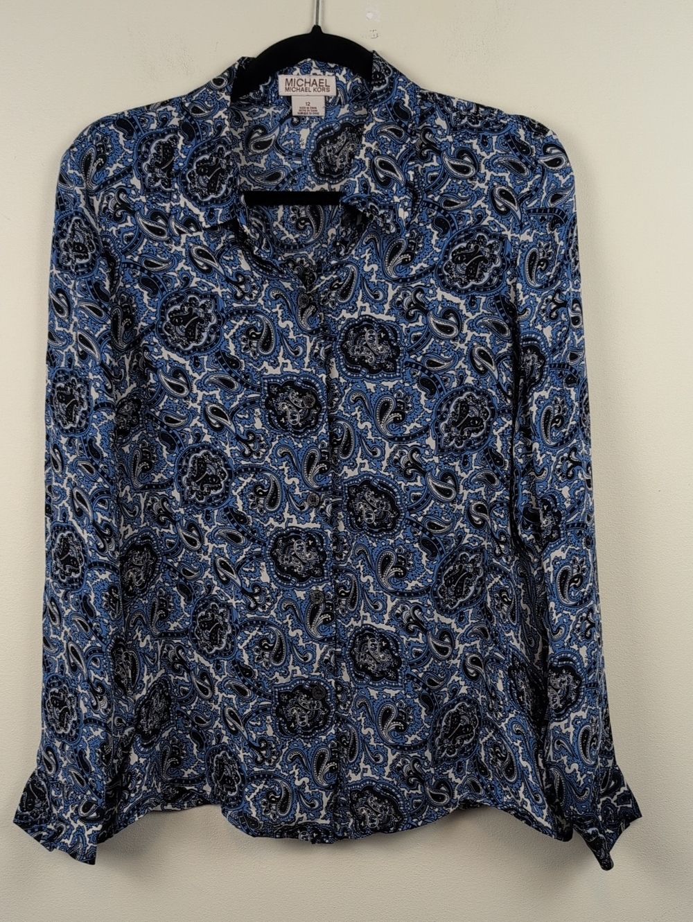 Michael Kors Silk Blue Paisley Button Up Shirt Blouse Size 12